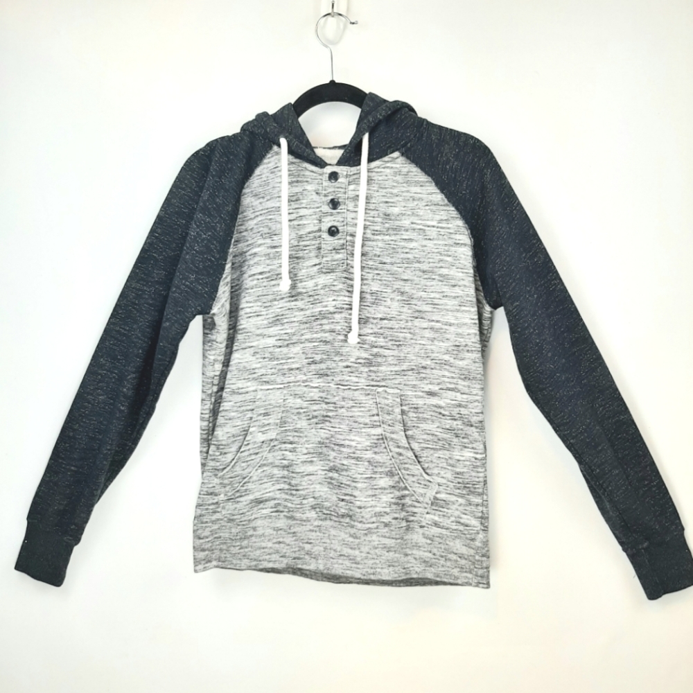 Reflex Men's Gray/Blue Pullover Hoodie Sweater Raglan 1/4 Button Up Size Small